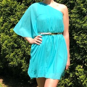 Aqua One Shoulder Dress w/ Gold Belt
